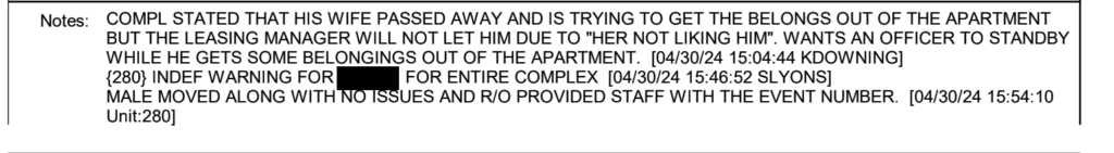 JP calls police because the apartment manager won’t let him into Mica’s apartment to retrieve her belongings.